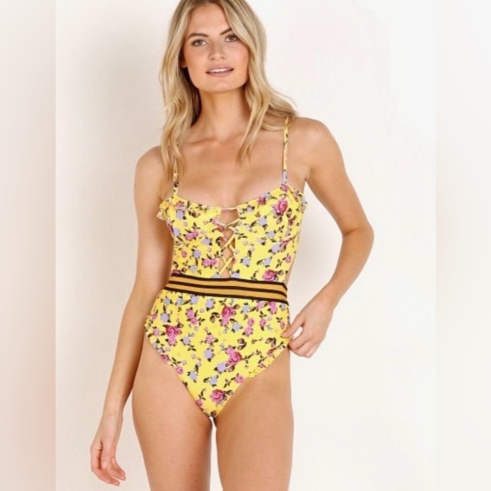 For Love & Lemons Paulina Laced One Piece Swimsuit in Yellow Floral